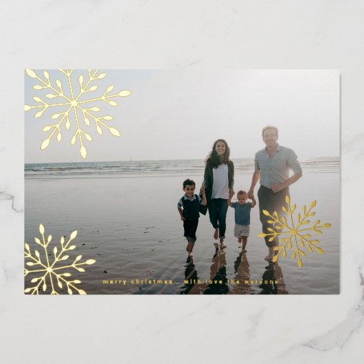 Minimalistisch gouden snowflakes kerstfoto folie feestdagenkaart (Voorkant)