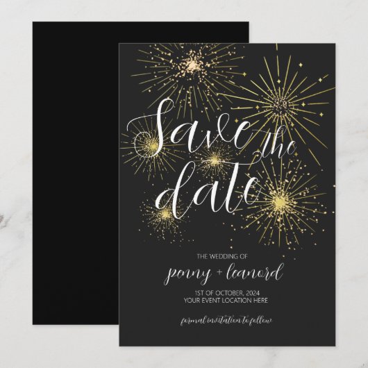 Minimalistisch gouden vuurwerk bewaart de datum kaart (Voorkant / Achterkant)