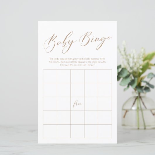 Minimalistisch goudkalligrafie Bingo Baby shower (Staand voorkant)