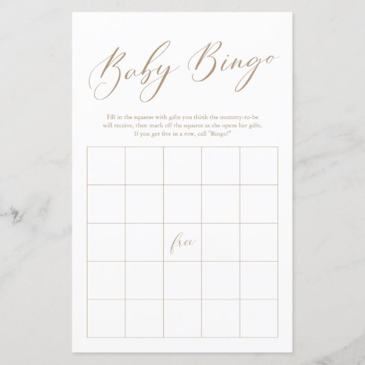 Minimalistisch goudkalligrafie Bingo Baby shower (Voorkant)
