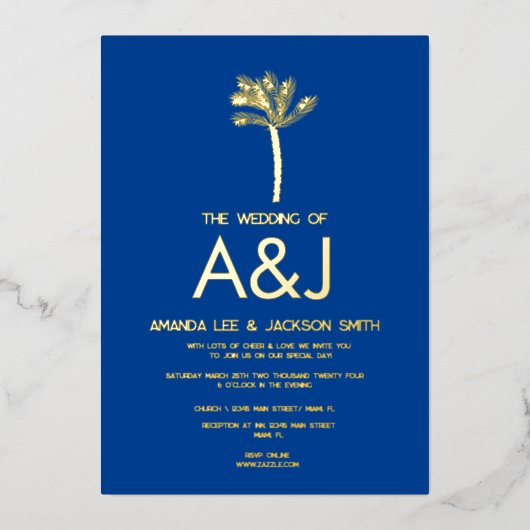 Minimalistisch goudpalm Blue Weddenschap Folie Uitnodiging (Voorkant)