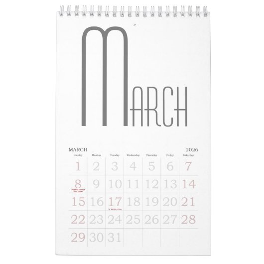 Minimalistisch grijs en wit kalender (Mar 2026)
