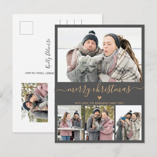 Minimalistisch grijs goud 4 Fotocollage kerstmis Briefkaart (Voorkant / Achterkant)