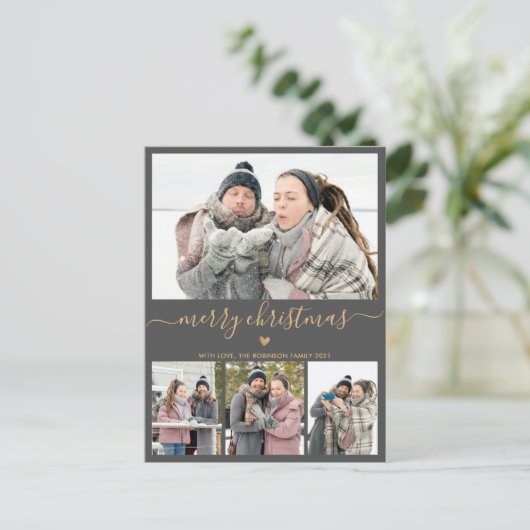 Minimalistisch grijs goud 4 Fotocollage kerstmis Briefkaart (Staand voorkant)