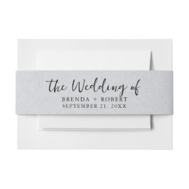 Minimalistisch grijs linnen textuur zwart script uitnodigingen wikkel