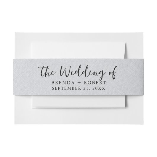 Minimalistisch grijs linnen textuur zwart script uitnodigingen wikkel (Voorkant Voorbeeld)