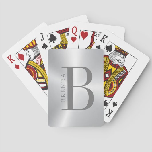 Minimalistisch grijs monogram en naam op zilver pokerkaarten (Achterkant)