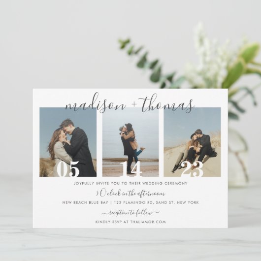 Minimalistisch grijs script met fotocollage bruilo kaart (Staand voorkant)