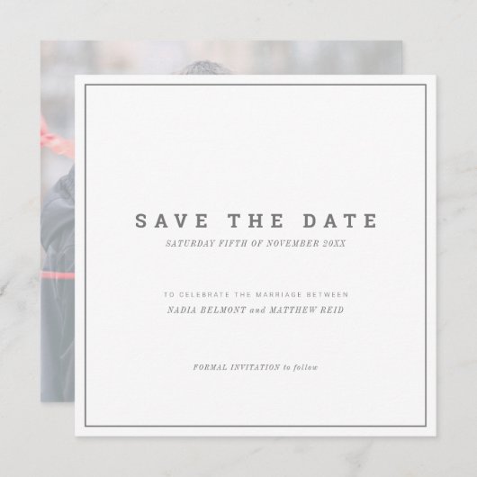 Minimalistisch grijs vierkant fotobruiloft save the date (Voorkant / Achterkant)