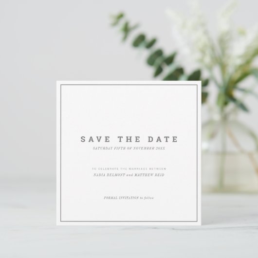Minimalistisch grijs vierkant fotobruiloft save the date (Staand voorkant)