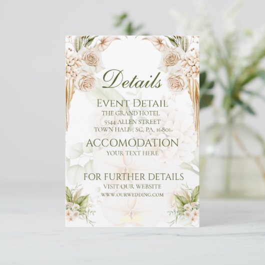 Minimalistisch groen beige bloemenbruiloft details bedankkaart (Staand voorkant)