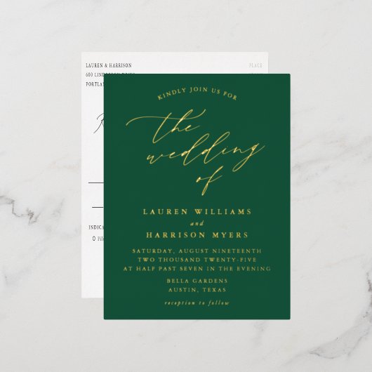Minimalistisch groen en goudkalligrafie folie uitnodiging briefkaart (Voorkant / Achterkant)