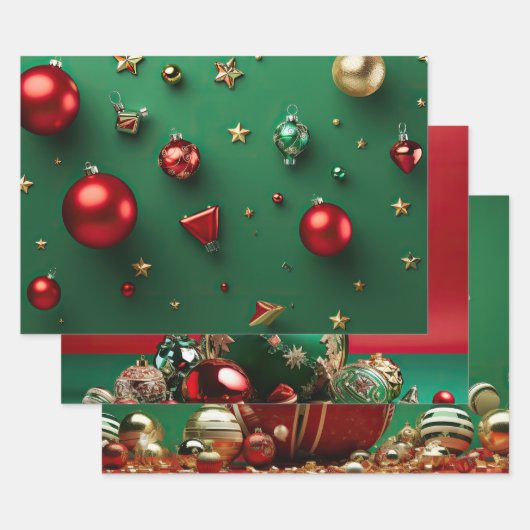 Minimalistisch groen en rood kerstornament inpakpapier vel (Set)