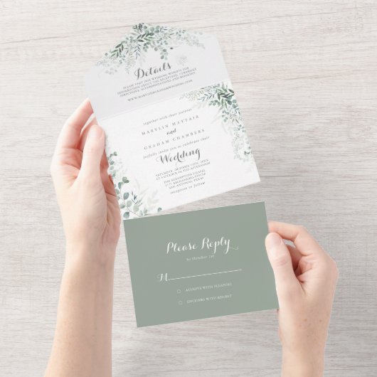 Minimalistisch groen eucalyptus bruiloft all in one uitnodiging (Afscheurbaar)