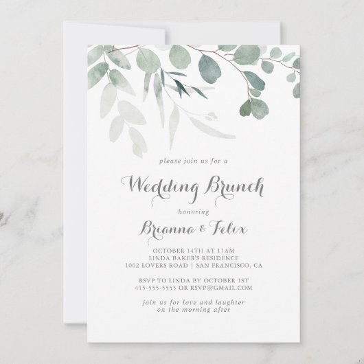 Minimalistisch groen Eucalyptus bruiloft brunch Kaart (Voorkant)