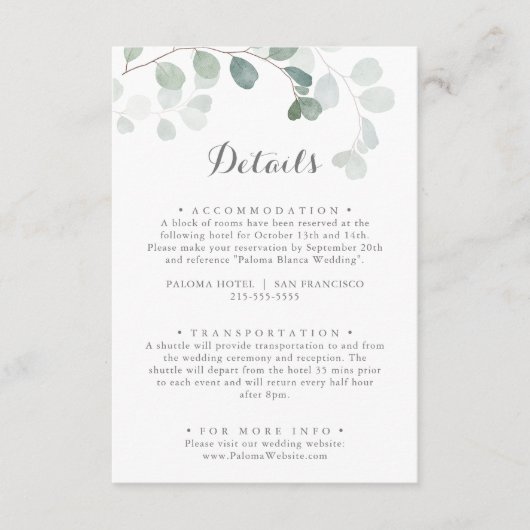 Minimalistisch groen eucalyptus bruiloft details informatiekaartje (Voorkant)