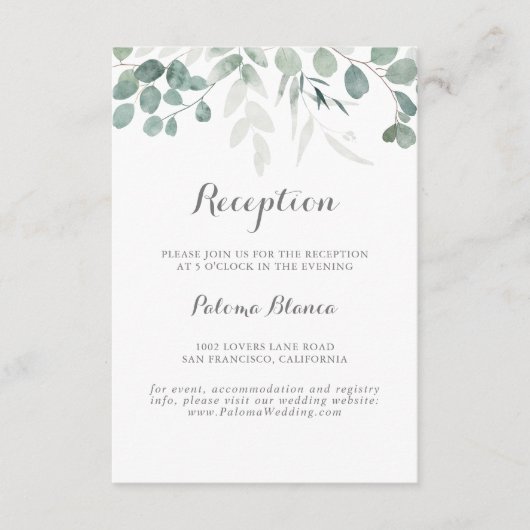 Minimalistisch groen eucalyptus bruiloft receptie informatiekaartje (Voorkant)