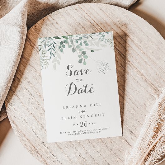 Minimalistisch groen eucalyptus bruiloft save the date