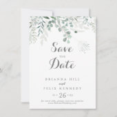 Minimalistisch groen eucalyptus bruiloft save the date (Voorkant)