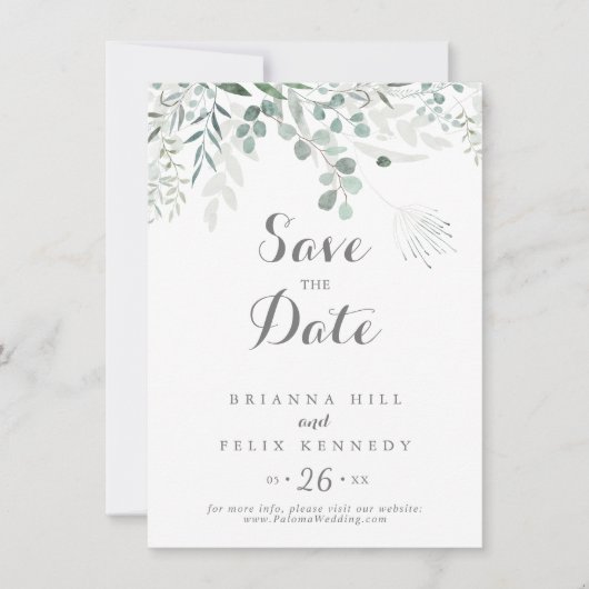 Minimalistisch groen eucalyptus bruiloft save the date (Voorkant)