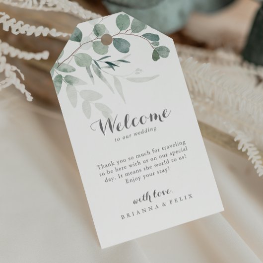 Minimalistisch groen eucalyptus bruiloft welkom cadeaulabel