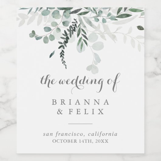 Minimalistisch groen Eucalyptus bruiloft wijn labe Wijn Etiket (Enkel label)