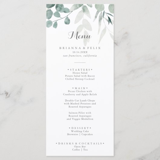 Minimalistisch groen Eucalyptus diner Menu (Voorkant)