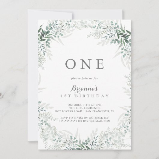 Minimalistisch Groen Eucalyptus Eerste Verjaardags Kaart (Voorkant)