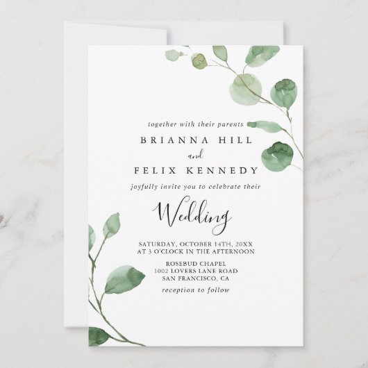 Minimalistisch groen Eucalyptus Front & Back Weddi Kaart (Voorkant)