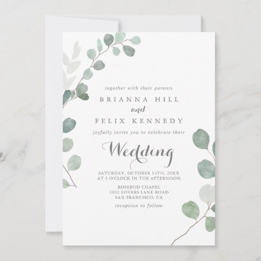 Minimalistisch groen Eucalyptus Front & Back Weddi Kaart (Voorkant)