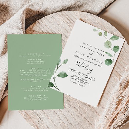 Minimalistisch groen Eucalyptus Front & Back Weddi Kaart
