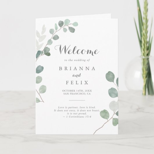Minimalistisch groen Eucalyptus gevouwen bruiloft Programma (Voorkant)