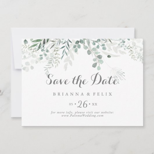 Minimalistisch groen Eucalyptus Horizontale bruilo Save The Date (Voorkant)
