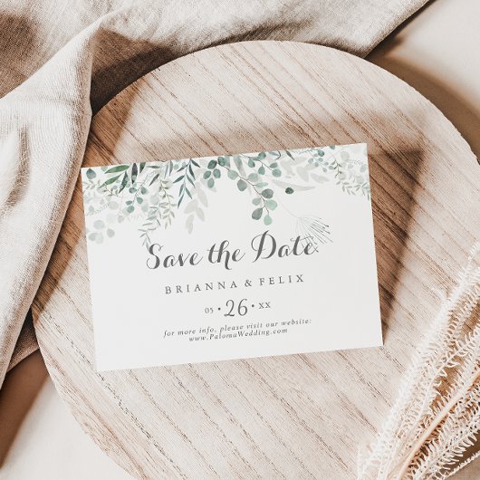 Minimalistisch groen Eucalyptus Horizontale bruilo Save The Date