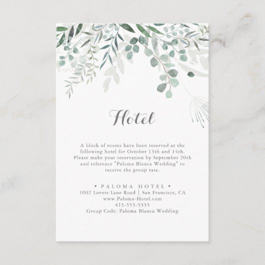 Minimalistisch groen Eucalyptus Hotel Informatiekaartje (Voorkant)