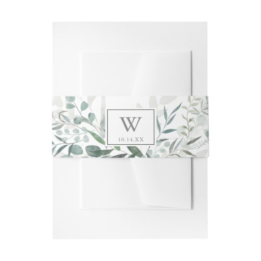 Minimalistisch groen eucalyptus monogram bruiloft uitnodigingen wikkel (Voorkant Voorbeeld)