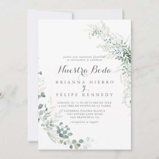 Minimalistisch groen Eucalyptus Nuestra Boda Kaart (Voorkant)
