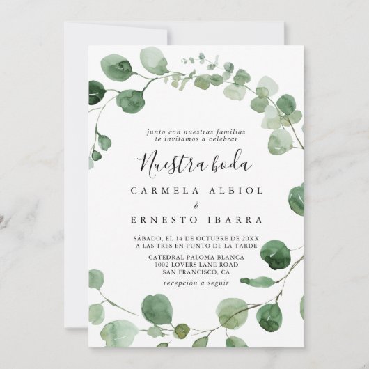 Minimalistisch groen Eucalyptus Nuestra Boda Weddi Kaart (Voorkant)