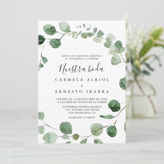 Minimalistisch groen Eucalyptus Nuestra Boda Weddi Kaart (Staand voorkant)