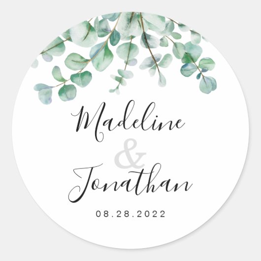 Minimalistisch groen Floral Eucalyptus Weddenschap Ronde Sticker (Voorkant)