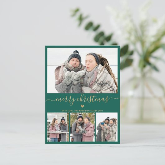 Minimalistisch groen goud 4 Fotocollage Kerstmis Briefkaart (Staand voorkant)