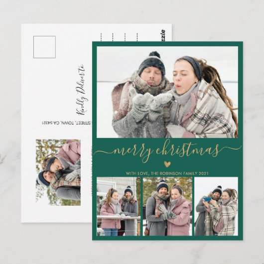 Minimalistisch groen goud 4 Fotocollage Kerstmis Briefkaart (Voorkant / Achterkant)