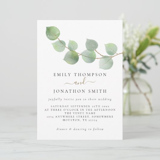 Minimalistisch Groen Goud Eucalyptus Bruiloft Kaart (Staand voorkant)