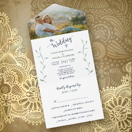 Minimalistisch groen laat fotograferen bruiloft all in one uitnodiging