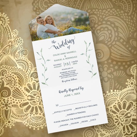 Minimalistisch groen laat fotograferen bruiloft all in one uitnodiging