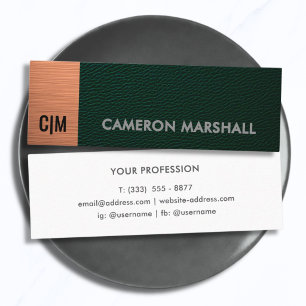 Minimalistisch groen leer monogram koperen accent mini visitekaartje