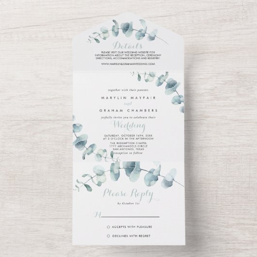 Minimalistisch groen olievlek all in one uitnodiging (Binnen)