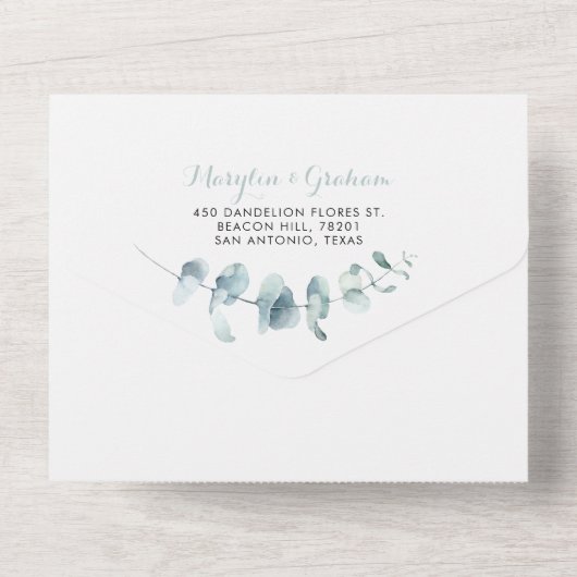 Minimalistisch groen olievlek all in one uitnodiging (Achterkant)