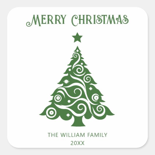 Minimalistisch groen script vrolijke kerstboom vierkante sticker (Voorkant)