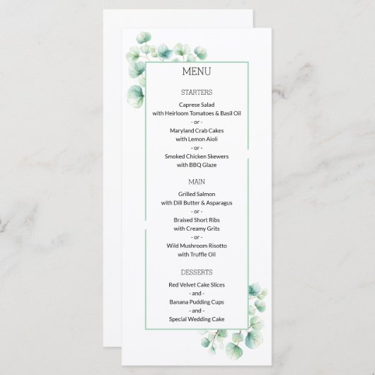 Minimalistisch groen thema Eucalyptus bruiloft Menu (Voorkant / Achterkant)